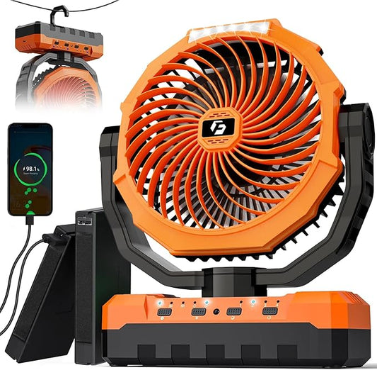 3-in-1 Camping Fan - 36000mAh Detachable Portable Fan Rechargeable with Light & Hook, Battery Powered Fans for Outdoor, Indoor, Tent, Fishing, Travel, Hurricane, Summer Gifts for Men - Orange