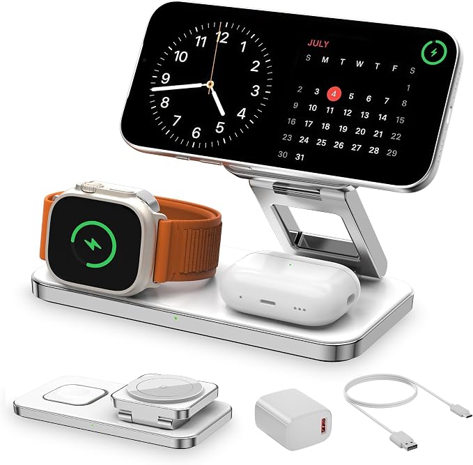 3 in 1 Magnetic Wireless Charger for Multiple Devices, Fast Foldable Travel Mag-Safe Charger Stand for iPhone 17 16 15 14 13 12, Wireless Charging Station for iWatch Series, for AirPods White