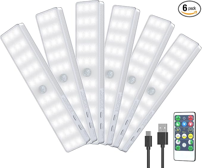 Racokky Under Cabinet Lights, 6 Pack Rechargeable Motion Sensor Closet Lighting, Dimmable RV Step Lights Stick-Anywhere LED Night Bar for Kitchen, Wardrobe, Stairs (White)