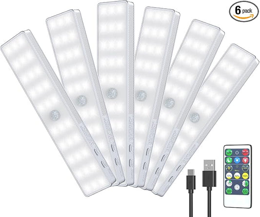 Racokky Under Cabinet Lights, 6 Pack Rechargeable Motion Sensor Closet Lighting, Dimmable RV Step Lights Stick-Anywhere LED Night Bar for Kitchen, Wardrobe, Stairs (White)