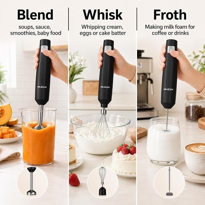 Cordless Immersion Hand Blender (Stick Blender) – Smooth, Controlled Blending for Everyday Cooking, 12V Brushless Motor, Pressure-Sensitive Variable Speed, USB-C Rechargeable, Easy-Clean (Black)