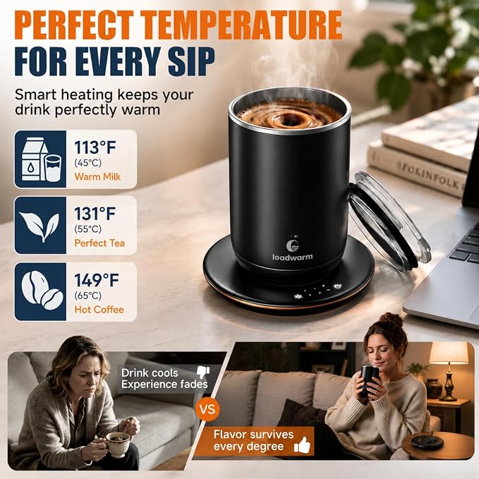 Self Heated Stirring Coffee Mug, 10oz Auto Mixing Cup with Warmer, Black | 3 temp settings, food-grade stainless steel interior, 8-hour auto shut-off, plug-in desk mug with Warmer for office home