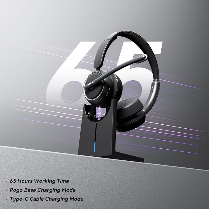 Wireless Headset with Mic for Work, Bluetooth Headset with Noise Canceling Mic & Charging Base, Wireless Headphones with Mic for Remote Workers/Call Center/PC/Laptop/Computer/Home/Office/Zoom/Teams