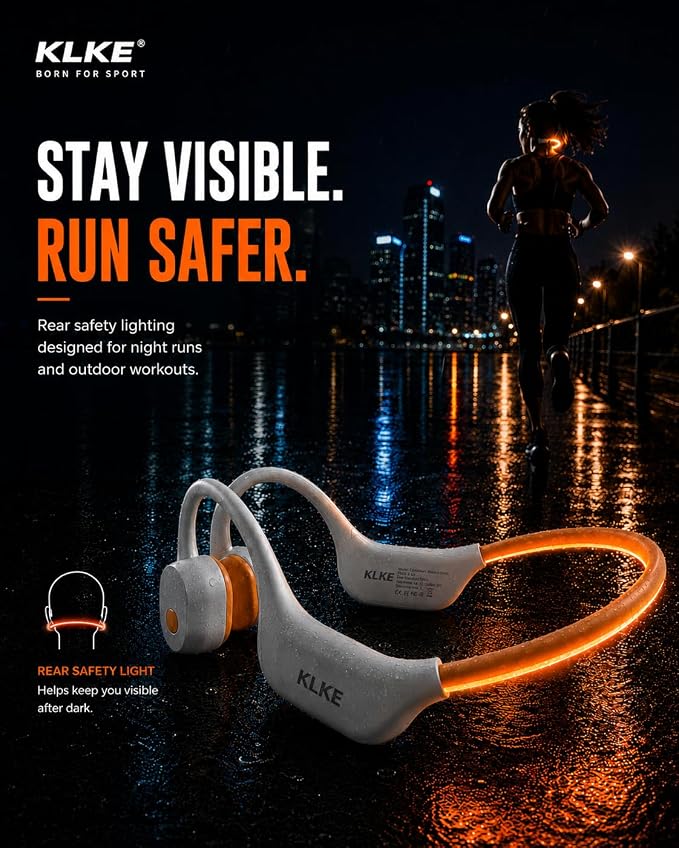 Open-Ear Bone Conduction Headphones for Running, Bluetooth Sports Headphones with Rear Safety Light, Dual Modes, Adjustable Fit, IP66 Waterproof, Mic, 10H Playtime for Gym Cycling