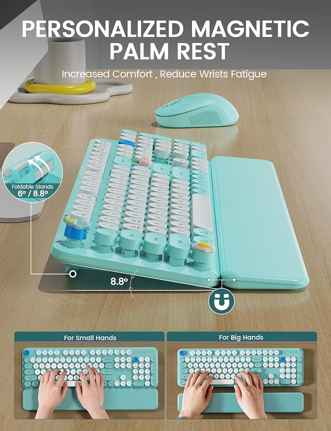 Wireless Keyboard and Mouse Combo - Cute Typewriter Keyboard with Detachable Wrist Rest, Retro Round Keycaps, Foldable Legs, 2.4GHz Full-Size for PC, Laptop, Windows - Trueque (Glacier Blue)