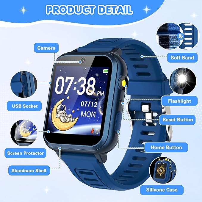 MOFGDNI Smart Watch for Kids with 39 Games Touchscreen Camera Video, Music Player, Pedometer, Calculator, Calendar, Stopwatch, Flashlight, Alarm Clock 12/24 hr, Birthday Gifts Toys for Boys Ages 3-12