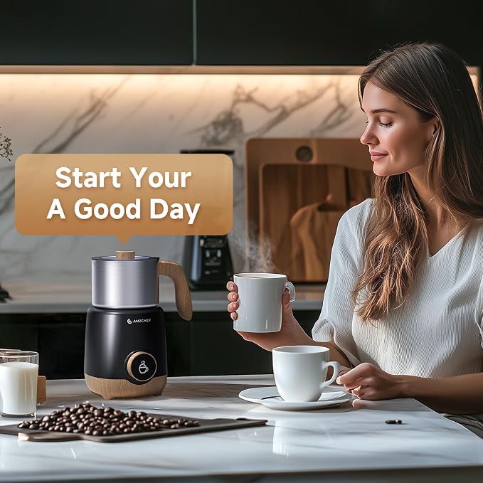 AMZCHEF 21 oz 8-in-1 Milk Frother, 550W Split Stainless Steel Automatic Steamer, Milk Warmer for Latte, Cappuccino, Hot Chocolate, Hot/Cold Froth, Heated Milk & Baby Food, Wood & Black