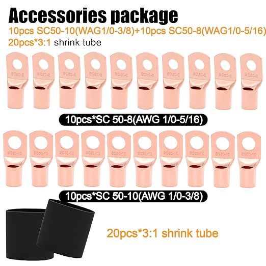AWG 0 Gauge Wire (20Feet Black+20Feet Red) Copper Clad Aluminum,0 Gauge Battery Cable Wire Power Ground Cable,20pcs Lugs Terminal Connectors,Heat Shrink Tubing Suitable for Indoors,Outdoors,RV,Car