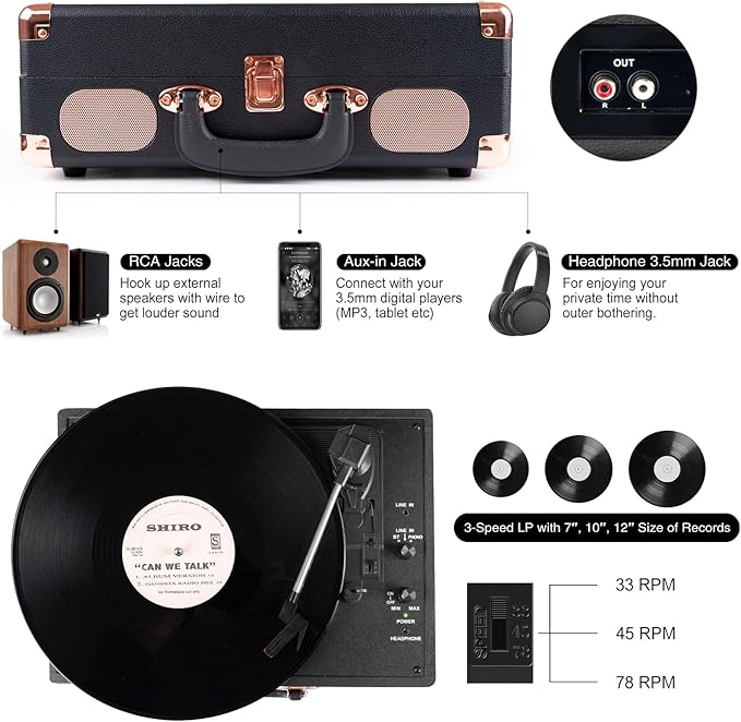 Record Player Wireless Portable Suitcase Vinyl Player with Built-in Speakers Retro Style Record Player for Vinyl Records 3-Speed RCA Line Out AUX in Vintage Turntable Upgrade Black