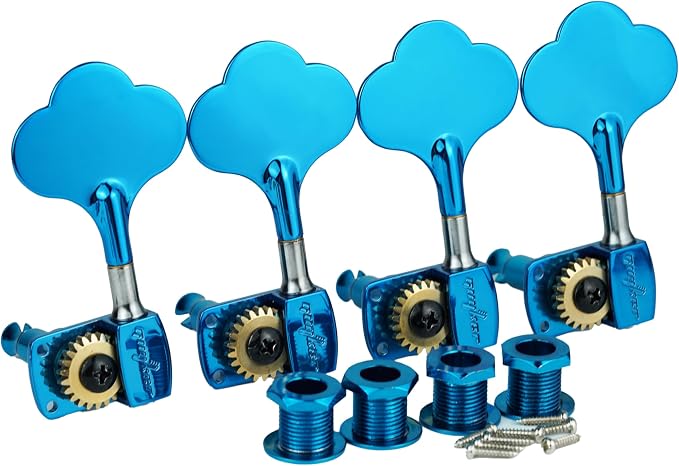 Guyker Bass Tuners (4 for Left) - 1:22 Ratio Gear Open Frame Bass Drop Locking Machine Head Tuning Key Pegs Replacement for Electric Jazz Guitar Bass or Precision Instruments, BB100 Blue