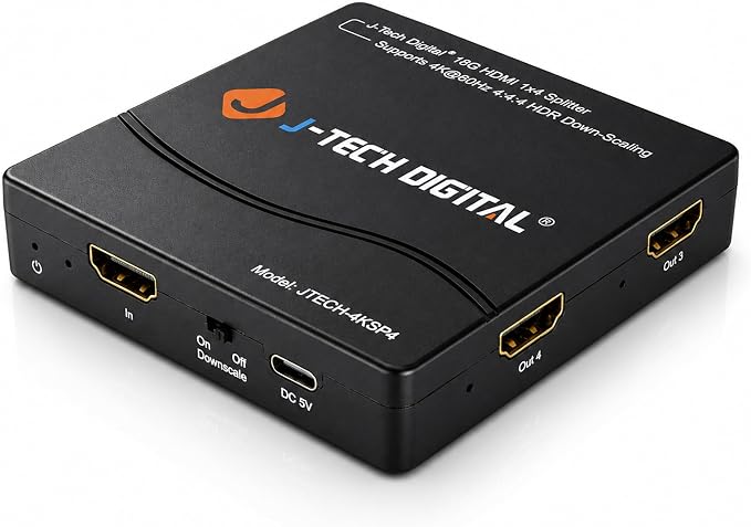 J-Tech Digital HDMI Splitter 4K 60Hz 1X4 Multi-Resolution Output (MRO) HDMI 2.0 Splitter Supports downscale HDR HDR10 / Dolby Vision 4K@60Hz 4:4:4 HDCP2.3 2.2 (JTECH-4KSP4)