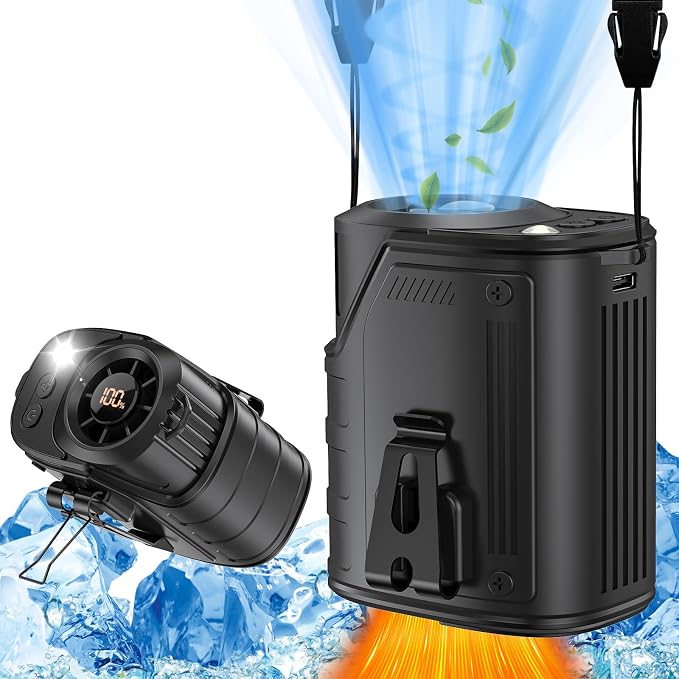 W & O Portable Fan Rechargeable,Personal Waist Clip on fan 4 Speeds & Flashlight Hands-FreeHanging Neck Fan, 20H Cooling For Outdoor Camping Travel (Black)