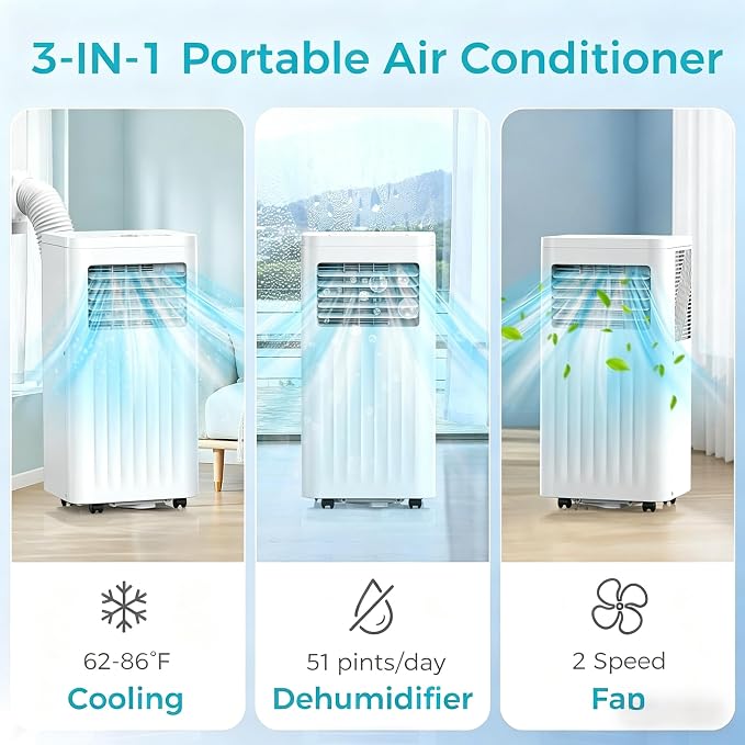Electactic 8000 BTUs Portable Air Conditioners, 3-IN-1 Portable AC Unit with Cooling, Dehumidification, Fan & Sleep Mode, 24H Timer, Remote Control and Window Kit for Bedroom Home Office