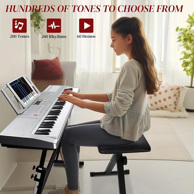 Ktaxon 61 Key Keyboard Piano Electric Keyboard w/Lighted Keys, Electric Piano Set with Headphones, Microphone, Music Rest, Power Adapter, Stand, Piano Bench and Manual (Full-Sliver)