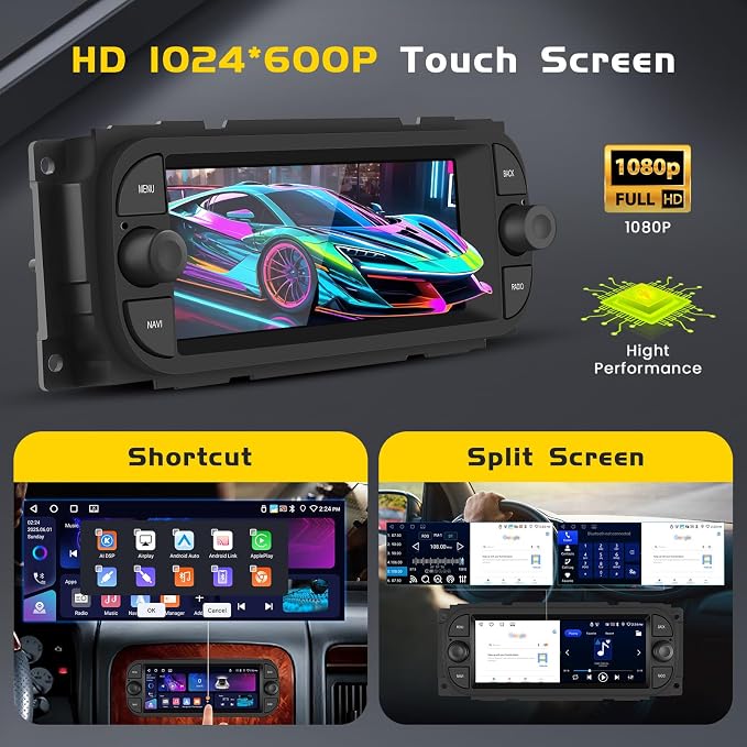 [4G+64G] Radio for Dodge Ram(2002-2006), Jeep Wrangler 2003-2006, Jeep Liberty 2002-2007, Jeep Grand Cherokee(1999-2004) – 6.86" HD Touchscreen Car Stereo with CarPlay Android Auto GPS SWC
