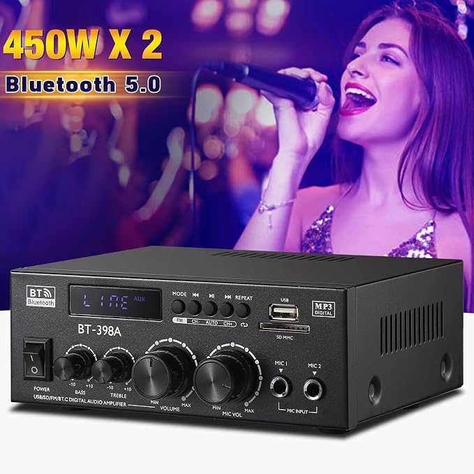 Facmogu BT-398A Stereo Digital Audio Amplifier, Max 450Wx2 HiFi Sound Audio Power Amplifier System, 2.0 Channel Receiver Amp for Home Theater Garage w/Fiber/Copper Jack, USB/SD/AUX/RCA/MIC in w/Echo