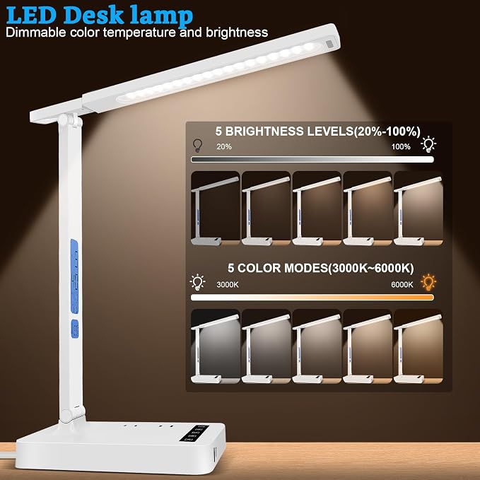 snsok Smart Desk Lamp with Dual USB Charging (Type-C/USB-A) & 2 AC Outlets, Digital Clock, Temperature Display, 5 Color Modes, 5 Brightness, Adjustable - for Office, Bedroom, Dorm Room, Study
