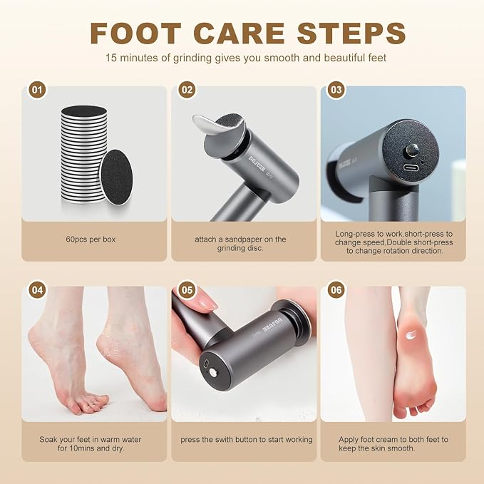 Premium Electric Foot Callus Remover, Ergonomic T-Grip 2600mAh Rechargeable 3 Speeds All Metal Foot File for Dead Skin Cracked Heels Pedicure Sander at Home with 60pcs Sandpaper Pads (Grey)