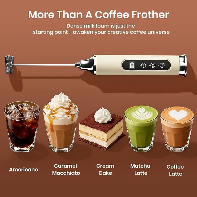 YUSWKO Beige Milk Frother Wand for Coffee, Handheld Coffee Frother, Rechargeable Drink Mixer, Waterproof Electric Whisk