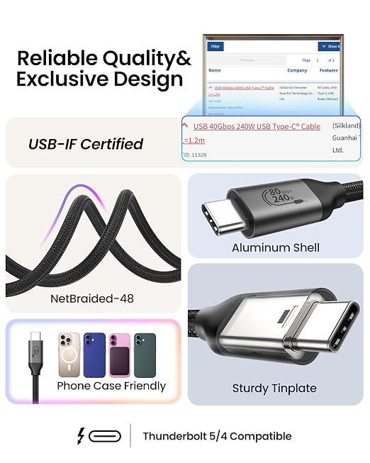Silkland 80Gbps USB 4 for Thunderbolt 5 Cable 5FT, [USB-IF Certified] 120Gbps Bandwidth for 16K/Dual 8K, 240W, Braided USB C Video Cable Compatible for Thunderbolt 4, SSD, MacBook M4 Pro, iPhone 17/16