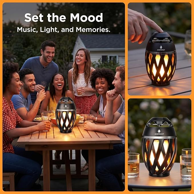 ANERIMST Unique Gifts for Men, Outdoor Bluetooth Speaker Waterproof Wireless with Torch LED Light, Birthday Gift for Boyfriend Him Dad, Cool for Garden, Patio, Outside (Black)