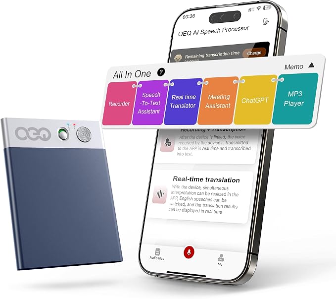 OEQ AI Voice Recorder,64GB AI Speech Processor with Simultaneous Interpretation & Real-timeTranscription Powered by ChatGPT with App Control for Students/Creatives/Journalist in Meetings/Travel,Indigo