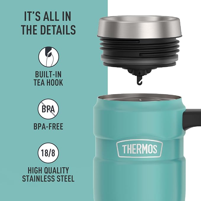 THERMOS Stainless King Vacuum-Insulated Travel Mug with Handle - 16oz, Matte Teal Tumbler for Hot & Cold Drinks - Leak & Sweat-Proof Stainless Steel Coffee Mug with Lid for Commuting