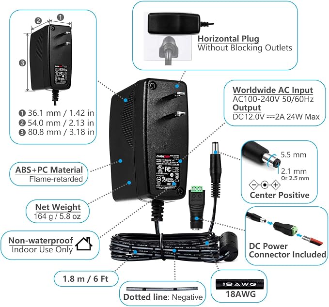 Chanzon 12V 2A 24W Power Supply 2.1(2.5) x5.5mm Plug AC DC Switching Adapter, 12 Volt 2 Amp AC/DC Wall Wart Converter Transformer, 100-240v 50 60HZ Input with 12vdc 2000ma Output