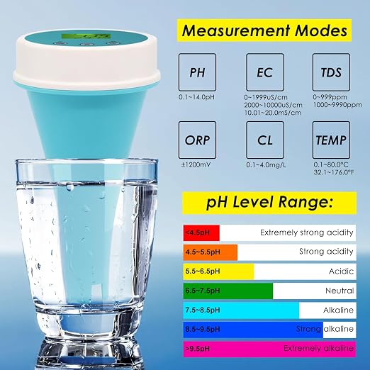 Floating Smart Digital Pool Thermometer - 6-in-1 Bluetooth Water Meter, IP67 Waterproof, Tests EC, Salinity, pH, ORP, Temperature, Chlorine for Swimming Pools, Hot Tubs, Ponds
