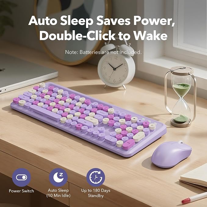 Wireless Keyboard and Mouse Combo with Phone/Tablet Holder, Full-Size Typewriter Keyboard, Retro Round Keycaps, 3-Level DPI Mouse, 2.4GHz Cordless Connection for Windows/PC/Laptop (Lavender & Cream)