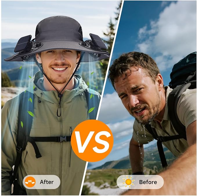 Fishing Hat with Built in Fan, Wide Brim Solar Fan Hat Outdoor Fishing, Solar & USB Charging Sun Bucket Hats for Men Women