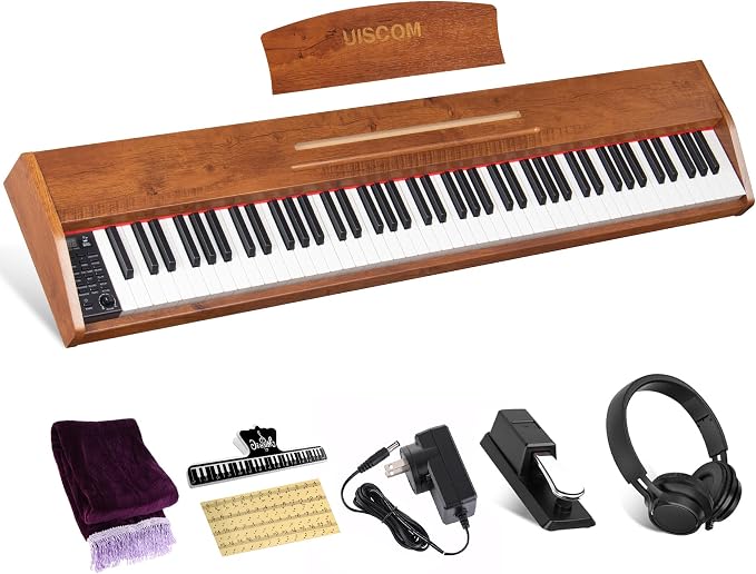 UISCOM 88 Key Digital Piano Keyboard for Beginners,Full Size Electric Piano Semi-Weighted Keyboard with Sheet Music Stand,Pedal,Headphone,Power Adapter,USB-MIDI Compatibility,Wood Grain Brown