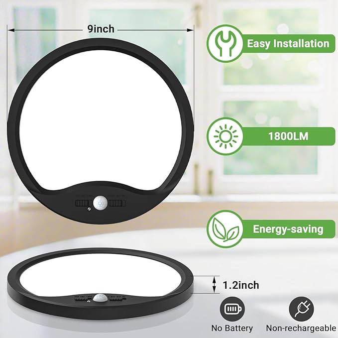 zemty 2Pack 9inch Motion Sensor Ceiling Lights Wired,18W 1800lm 3CCT/3 Mode/30-120s Timer, Bright Black LED Flush Mount Light Fixture Motion Activated for Closet Pantry Hallways Stairwells Garage