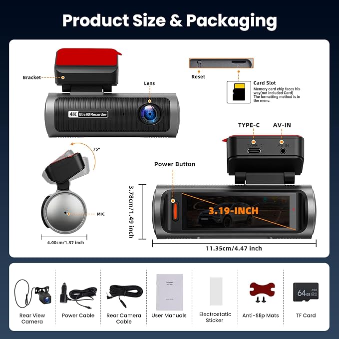 4K Dual Channel Dash Cam 360° Front and Rear, 4K Dash Camera for Cars 64G, 2 Channel Dashcam with APP Control, Night Vision, Loop Recording, Car Camera with G-Sensor, 24H Parking Monitor