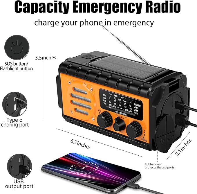 QAUYYW 74000mWh Emergency Radio with NOAA Weather, Portable Hand Crank SW/AM/FM Survival Radio with Fast Charge Rechargeable Solar Battery, Flashlight, Reading Lamp,SOS Sirenor Home Outdoor