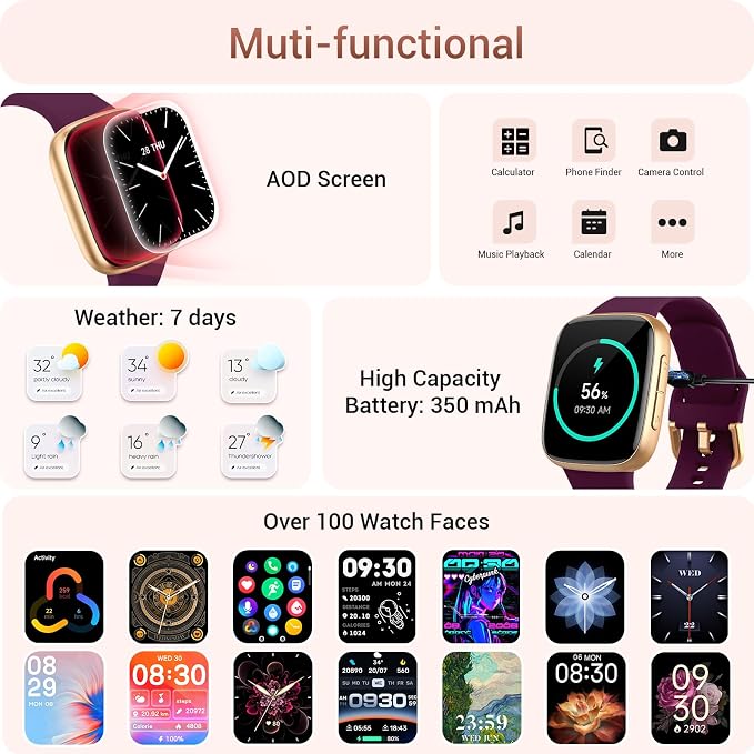 Smart Watch for Women, 1.85" AMOLED Always-On Display Screen Smartwatch for iPhone & Android, 3ATM Waterproof Fitness Tracker with Bluetooth Call, Heart Rate/Sleep/SpO2 Monitor, 120+ Sport Modes