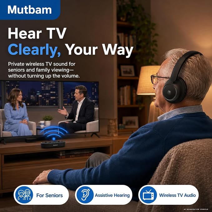 Wireless Headphones for TV, TV Headphones Wireless for Seniors with Charging Dock, Ideal Gifts for Seniors, 65H Playtime Plug-Play, Assistive Hearing, Low Latency, Perfect for Elderly Seniors