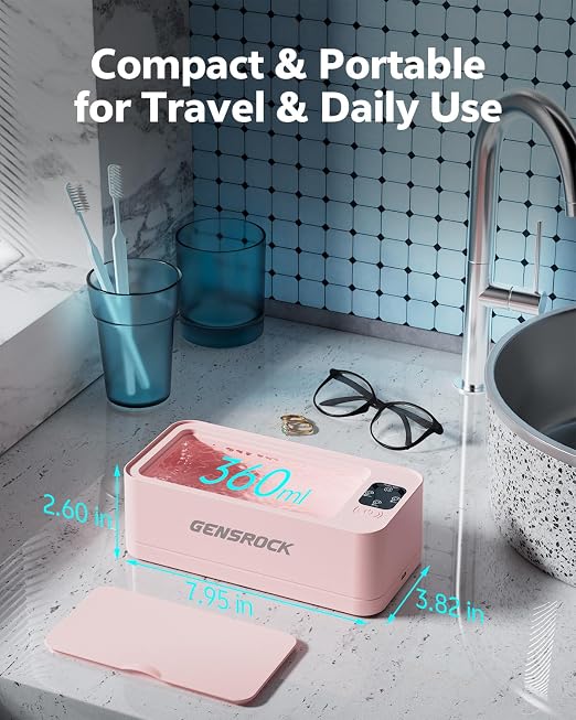 GENSROCK Ultrasonic Jewelry Cleaner, 48kHz Professional Silver Jewelry Cleaner & Diamond Ring Cleaner, 3 Modes, Scratch-Free 360ML Tank, Quiet Sonic Cleaner for Gold, Earrings, Glasses(Pink)