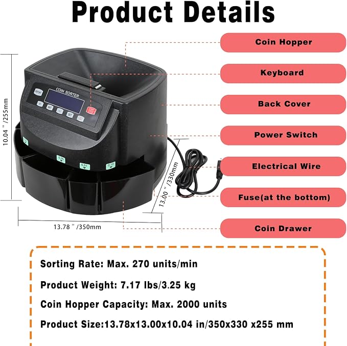 T9500A Professional USD Coin Counter, Sorter, Coin Counting Machine, Automatically Sorts and Counts Coin Batches, 270 Coins/min
