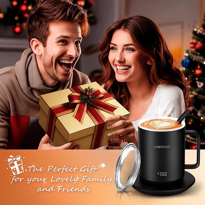 Vsitoo S3 12oz Heated Espresso Mug, Smart Self Heating Coffee Mug for Espresso Lovers, AI Auto-Sensing Temperature Control 120-150℉, Rechargeable Mug Warmer, 316 SS IPX7, Gift for Women Men, White