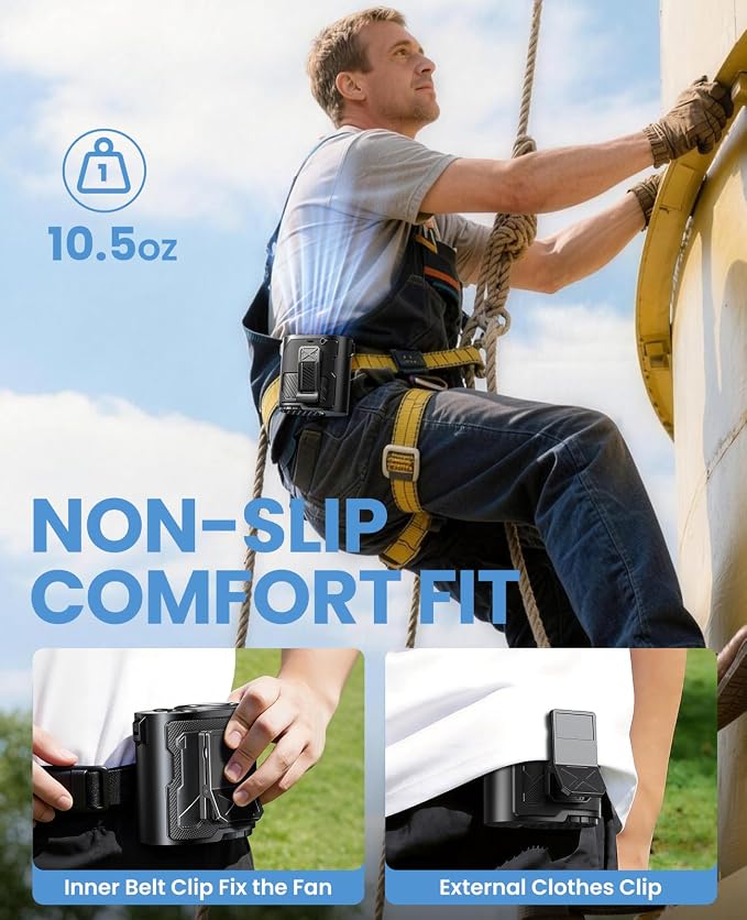 Portable Waist Fan with Ice Cooling, 4-in-1 Clip-On Fan for Car/Shirt/Hat/Belt, 16000RPM Strong Airflow, 12H Runtime, 100 Speed Settings, Wearable Fan for Outdoor Work, Camping, Travel Black