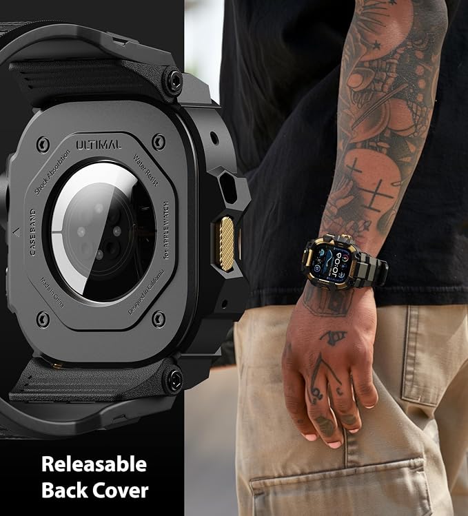 ULTIMAL Rugged Case with Band for Apple Watch 49mm,Compatible with Apple Watch Ultra 3/2/1, Military Grade Shockproof Bumper Cover for iWatch Tactical Band Men (49mm,Gold)