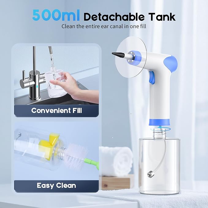 Ear Wax Removal, Electric Ear Cleaning Kit with Light, Ear Irrigation Kit with 4 Pressure Modes, Safe and Effective Ear Flush Kit with Ear Cleaner - Includes Basin, Towel & 12 Tips, (White)