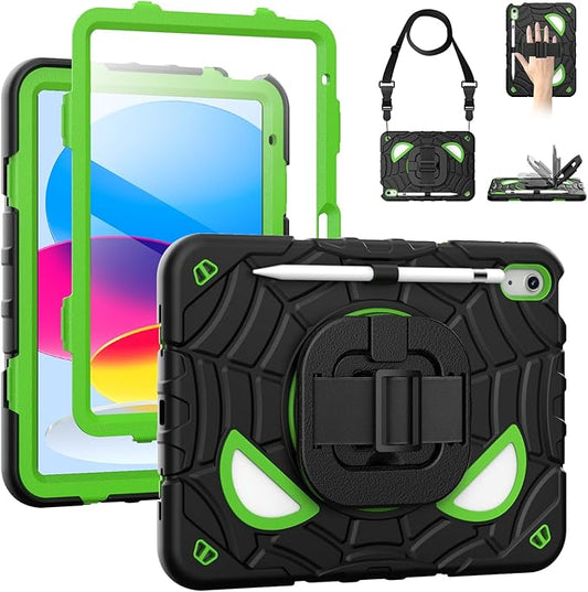 Grifobes Case for iPad A16 11th/10th Generation 2025/2022 11/10.9 inch, Full Body Protection with Screen Protector/Pencil Holder/Stand,Hand/Shoulder Strap for i Pad 11/10.9 Cover Black+Green