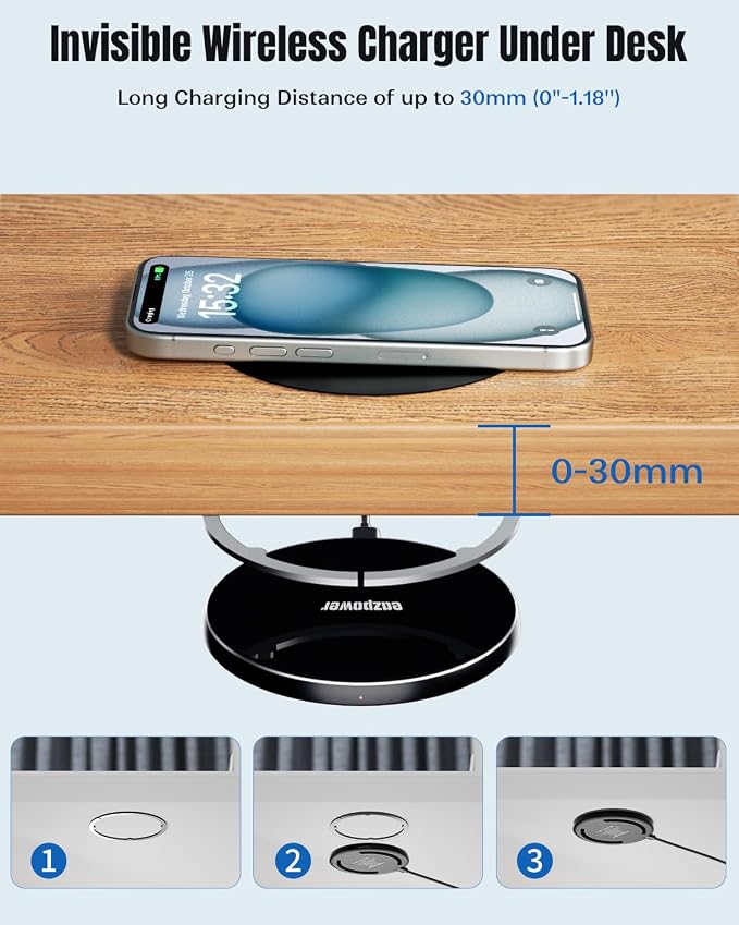 Eazpower Invisible Wireless Charger, 0-30mm Under Desk Wireless Charger, Dual Uses On or Hidden Under Table Charging Pad for Nightstand for iPhone 17/17 Pro/17 Pro Max/17 Air/16/15/14/Samsung Phone