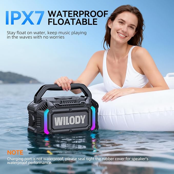 Wilody Speakers Bluetooth Wireless, 100W Loud Outdoor Speaker with Bass, IPX7 Waterproof Floatable, 20H Playtime, Wireless Charge, TWS, RGB Light, Portable Speaker for Work, Garage, Outdoor (Black)