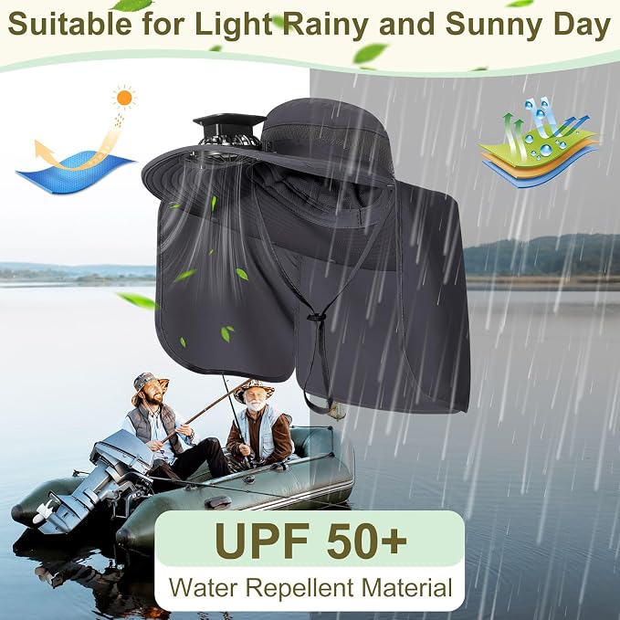Maiteenly 2 Pcs Solar Fan Hat for Men with Neck Flap Bucket Fan Buit in Hats for Hiking Fishing Outdoor USB and Solar Powered