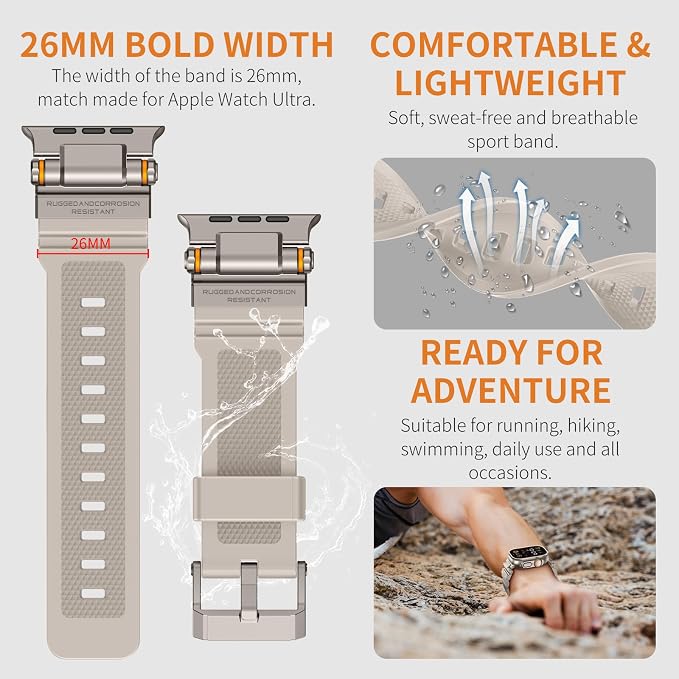 FOAMUNOC Rugged Band Compatible with Apple Watch Ultra 3/2/1 Band 49mm/46mm/45mm/44mm/42mm, Metal Connector with Strap for iWatch Ultra Series 11/10/9/8/7/6/SE3/SE2/SE/5/4/3/2/1, Starlight/Titanium