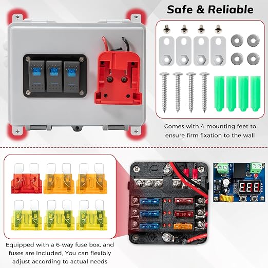 Power Distribution Box with Battery Adapter Fit for Mil.Waukee 18V Battery, Power Adapter Box with Pre-Installed Lines/Dual USB Charger/Low Voltage Protection, for RV Truck Trailer/Warehouse/Shed