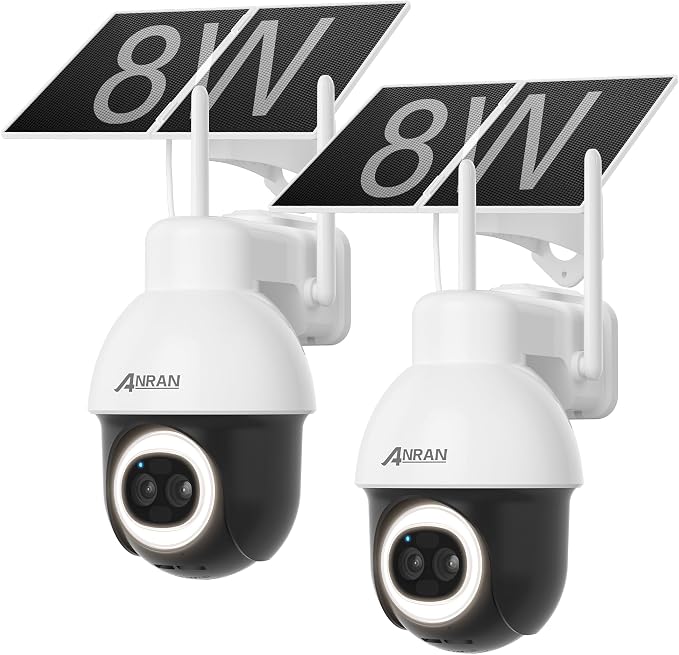 ANRAN 24/7 Recording Solar Security Camera Outdoor, AOV 5MP WiFi Surveillance Wireless Cameras with 360° View, AI Auto Tracking, Color Night Vision, Compatible with Alexa, 2PCS